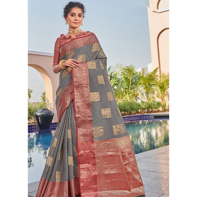 Grey Spun Silk Saree With Blouse Piece - JD986580764