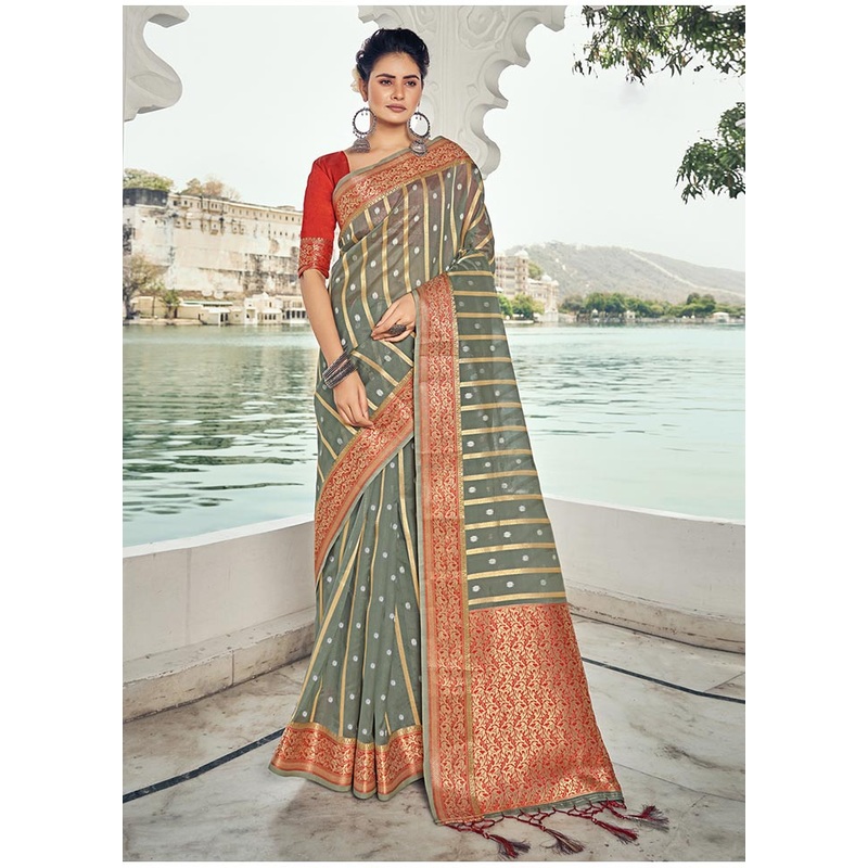 Grey Spun Silk Saree With Blouse Piece - JD986580813