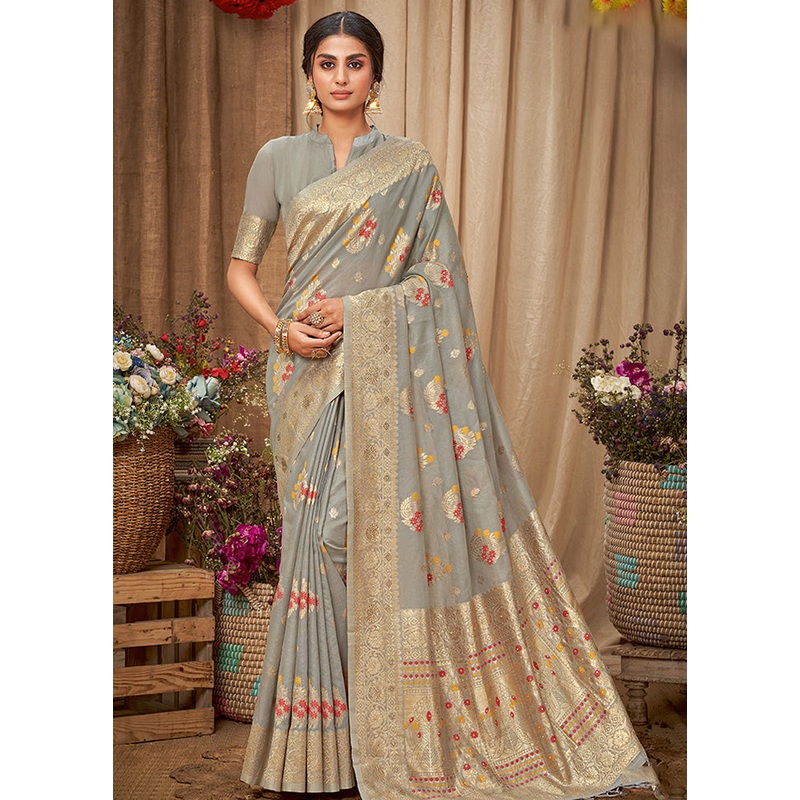 Grey Spun Silk Saree With Blouse Piece - JD986580817