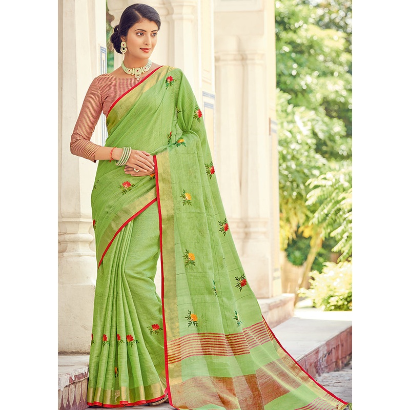 Light Green Linen Silk Saree With Blouse Piece - JD986580901