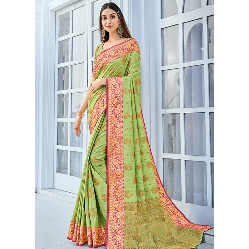 Light Green Spun Silk Saree With Blouse Piece - JD986580762
