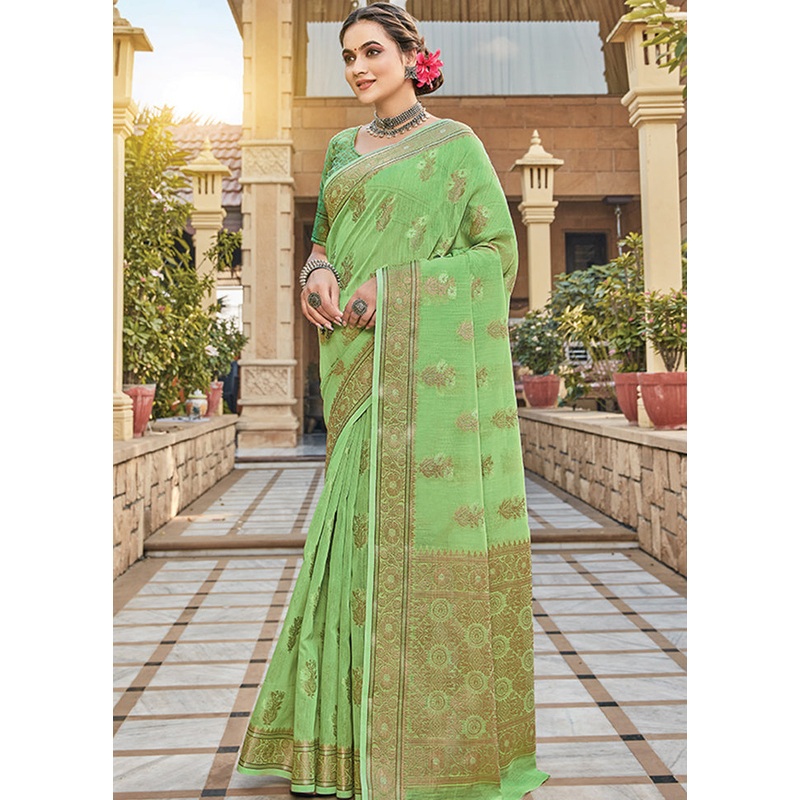 Light Green Spun Silk Saree With Blouse Piece - JD986580768