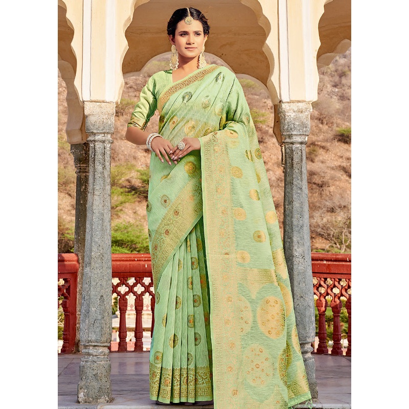 Light Green Spun Silk Saree With Blouse Piece - JD986580788