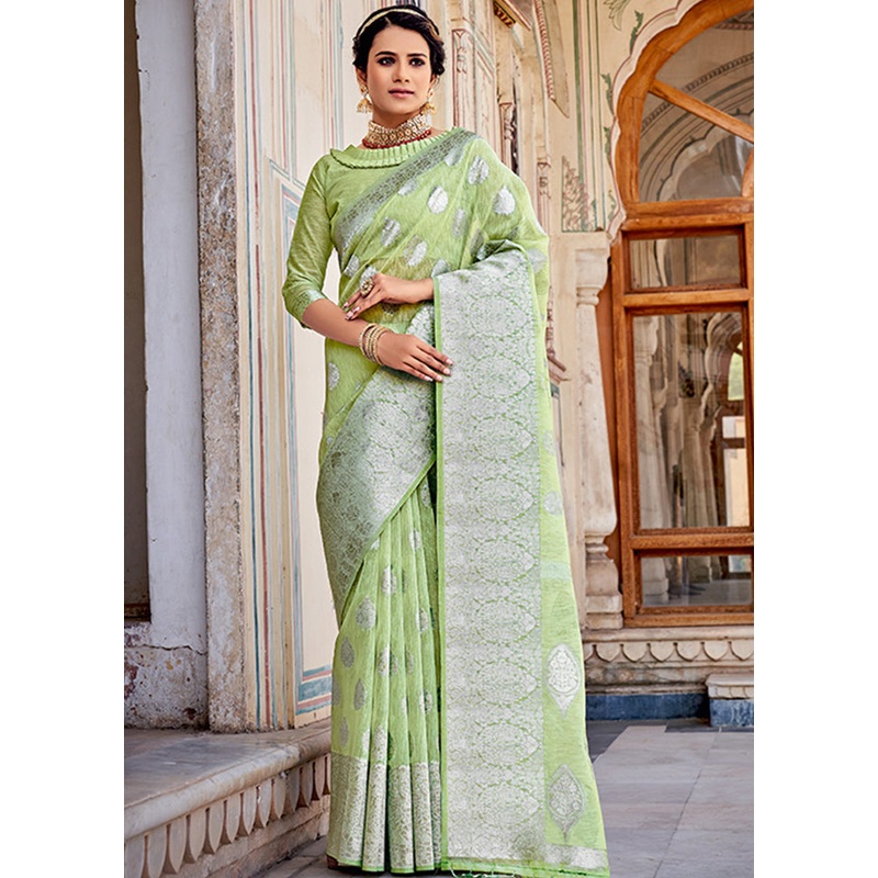 Light Green Spun Silk Saree With Blouse Piece - JD986580789