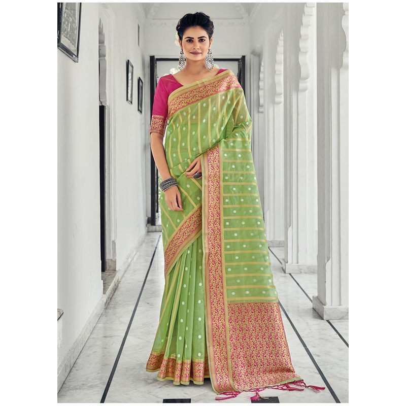 Light Green Spun Silk Saree With Blouse Piece - JD986580814