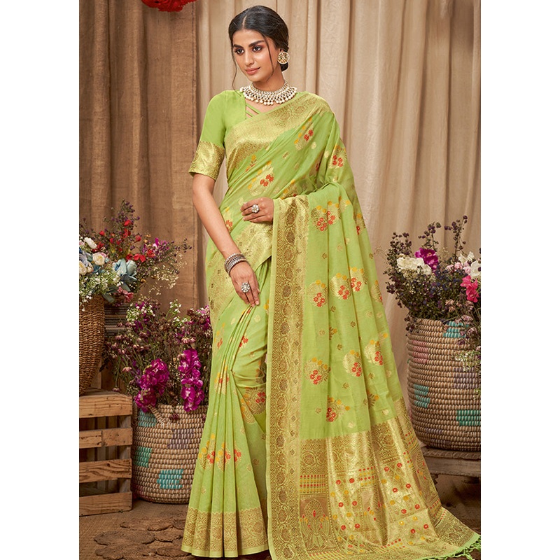 Light Green Spun Silk Saree With Blouse Piece - JD986580818