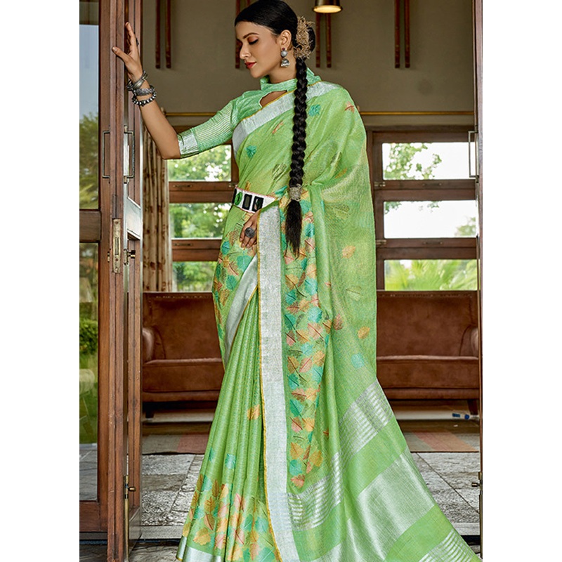 Light Green Spun Silk Saree With Blouse Piece - JD986580828