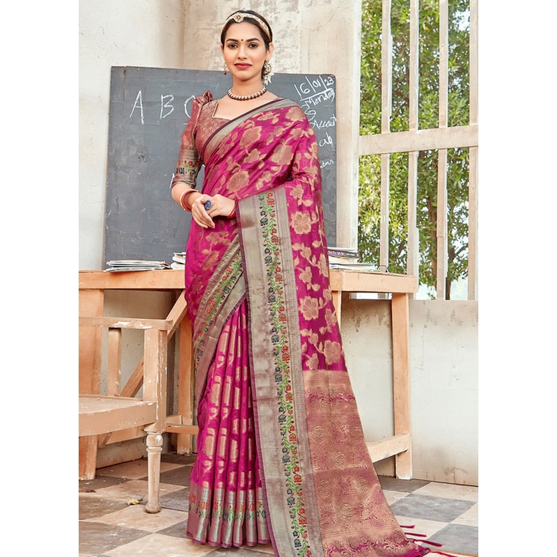 Magenta Organza Saree With Blouse Piece - JD986580859