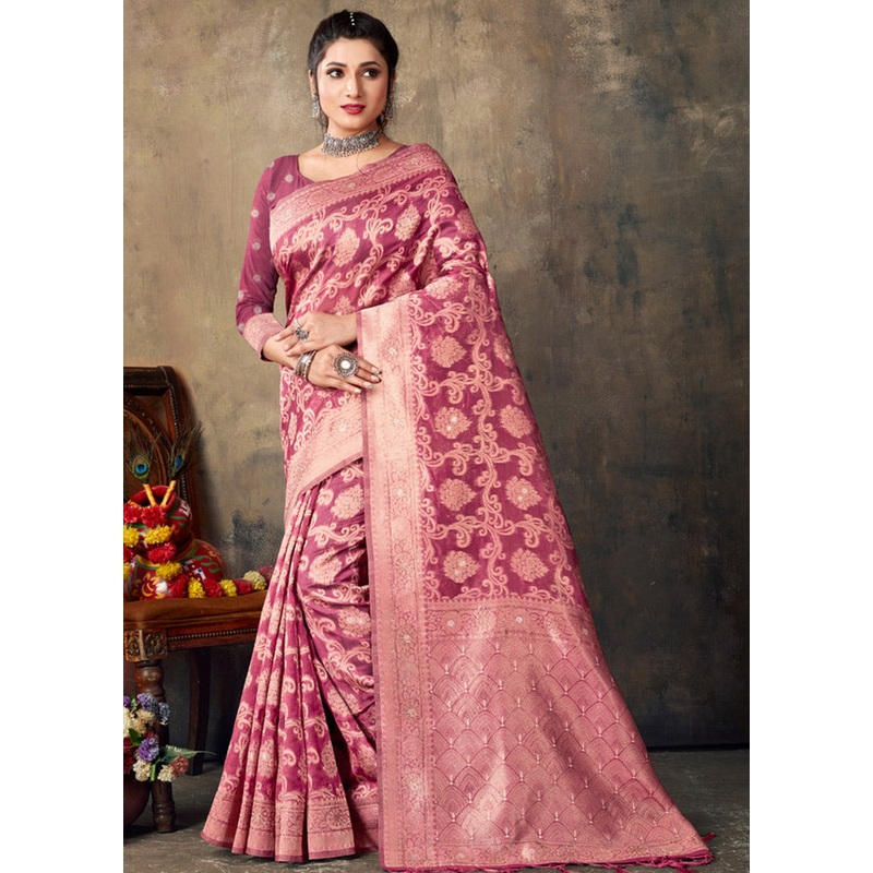 Magenta Organza Saree With Blouse Piece - JD986580869