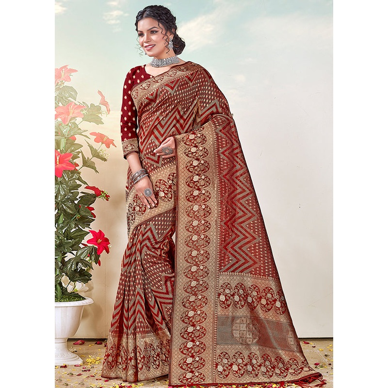 Maroon Organza Saree With Blouse Piece - JD986580863