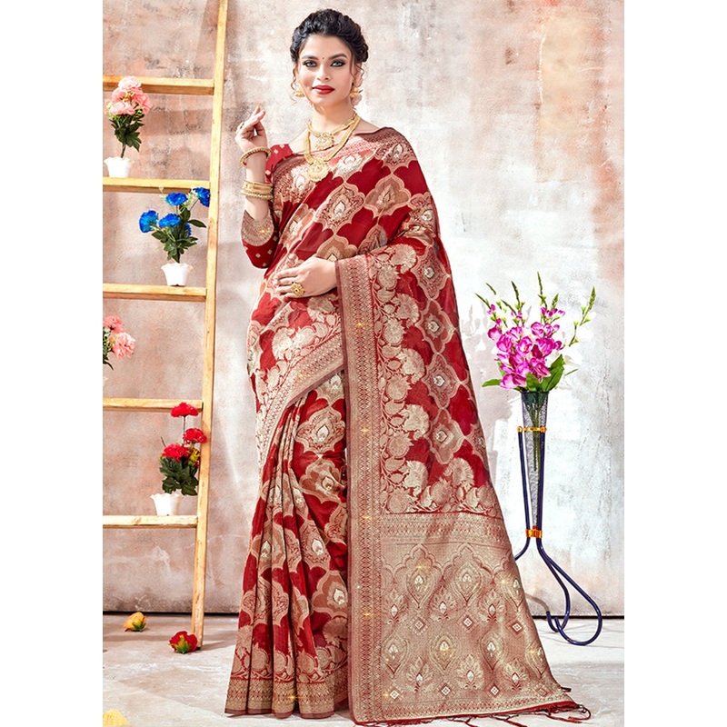 Maroon Organza Saree With Blouse Piece - JD986580878