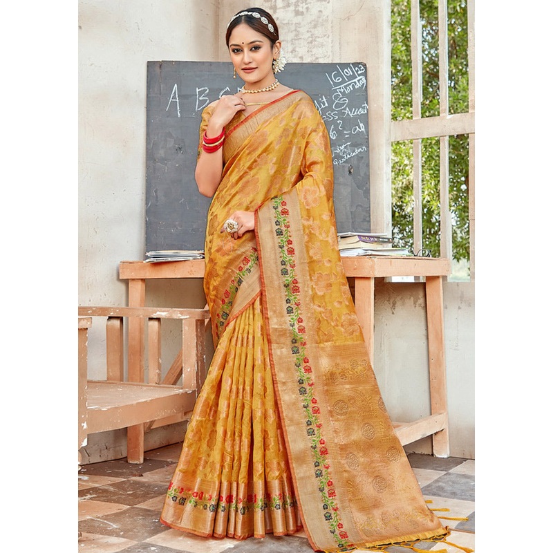 Mustard Organza Saree With Blouse Piece - JD986580857
