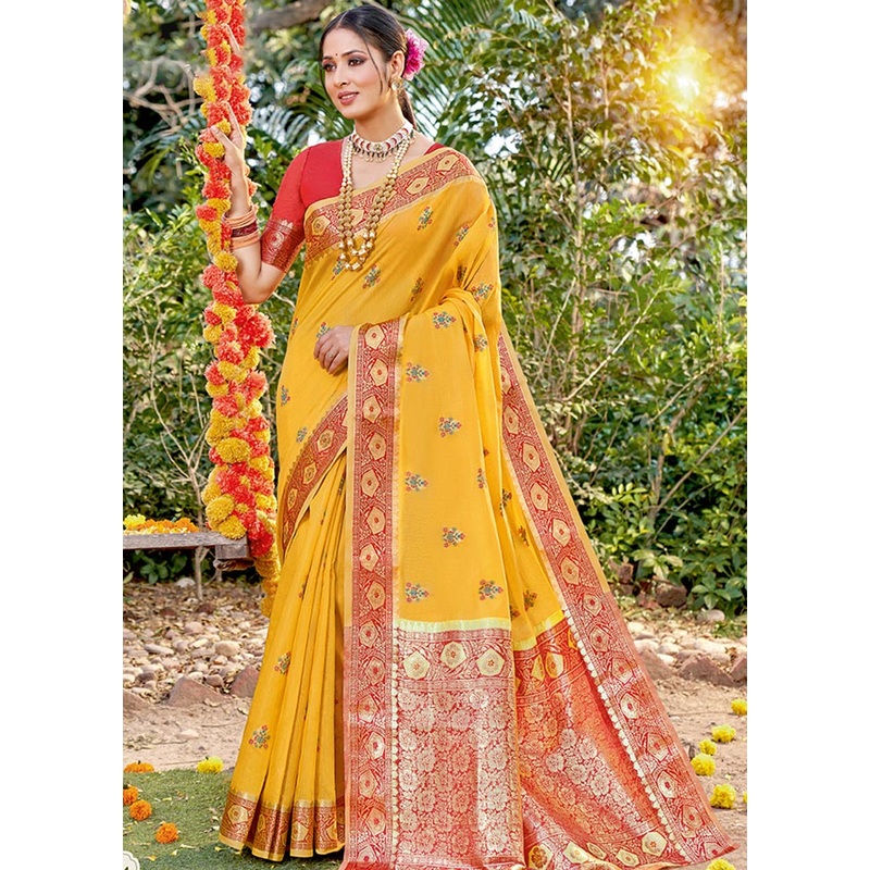Mustard Spun Silk Saree With Blouse Piece - JD986580782