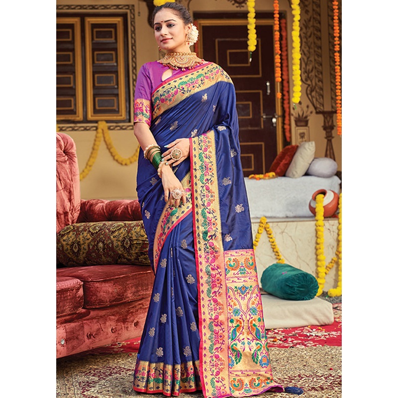 Navy Blue Spun Silk Saree With Blouse Piece - JD986580806