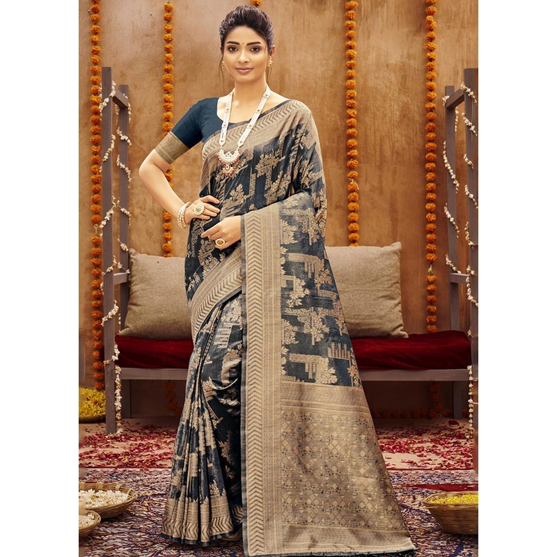 Navy Blue Spun Silk Saree With Blouse Piece - JD986580836