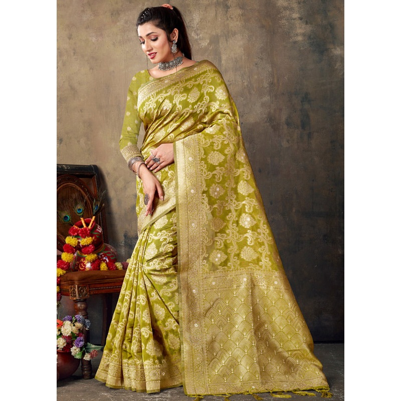 Olive Green Organza Saree With Blouse Piece - JD986580867