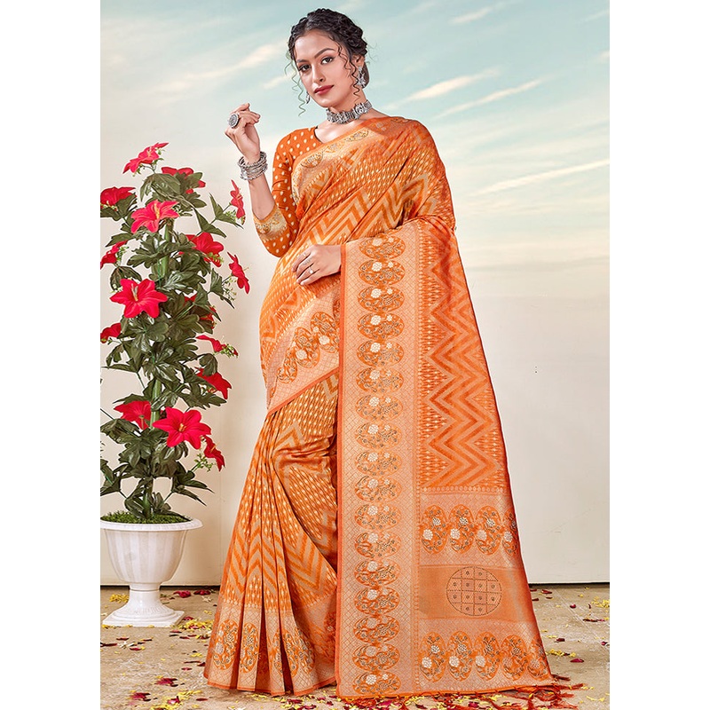 Orange Organza Saree With Blouse Piece - JD986580864