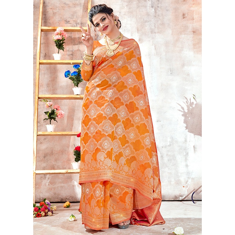 Orange Organza Saree With Blouse Piece - JD986580882