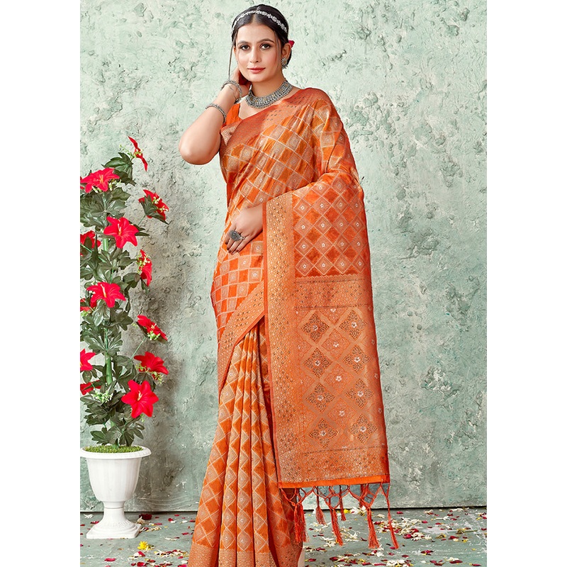 Orange Organza Saree With Blouse Piece - JD986580888