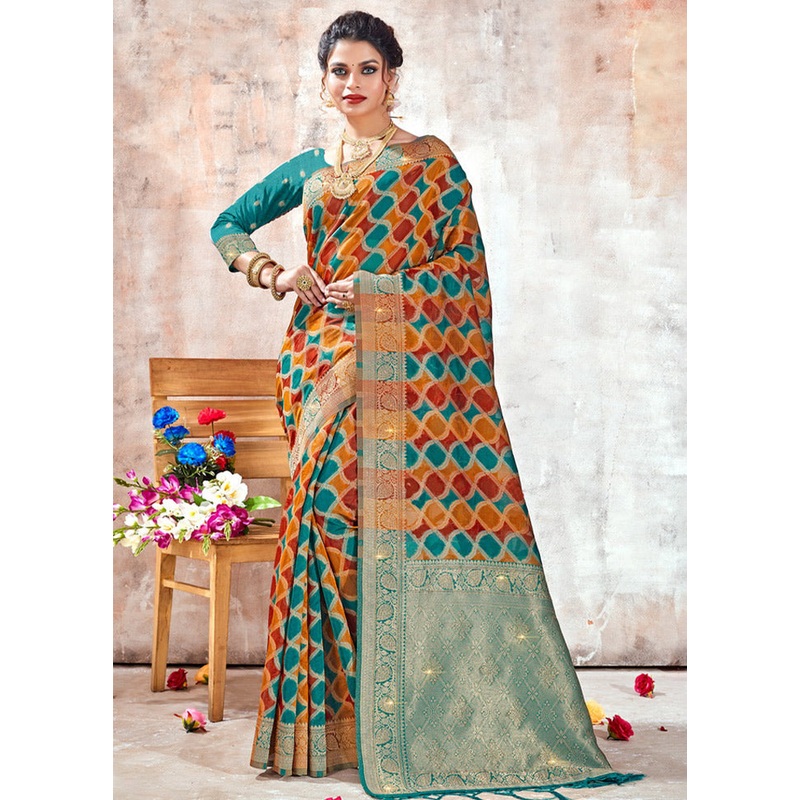 Orange Organza Saree With Blouse Piece - JD986580889
