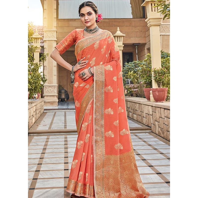 Orange Spun Silk Saree With Blouse Piece - JD986580769