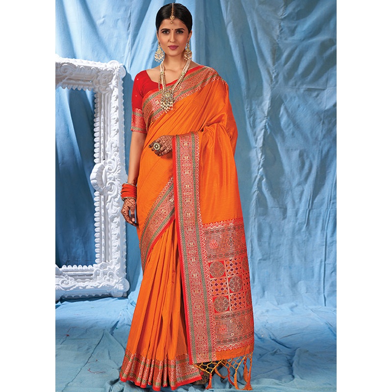 Orange Spun Silk Saree With Blouse Piece - JD986580773