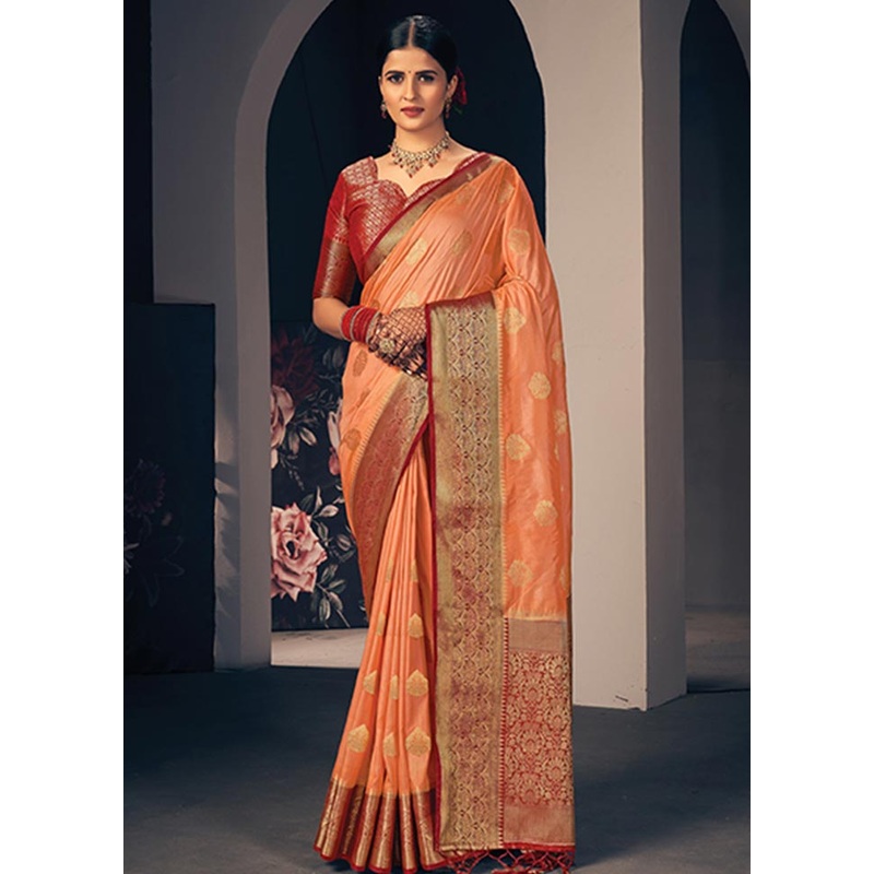 Orange Spun Silk Saree With Blouse Piece - JD986580776