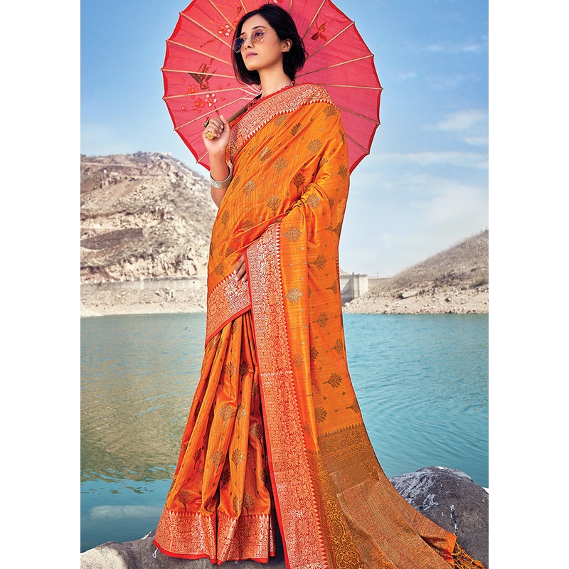Orange Spun Silk Saree With Blouse Piece - JD986580799
