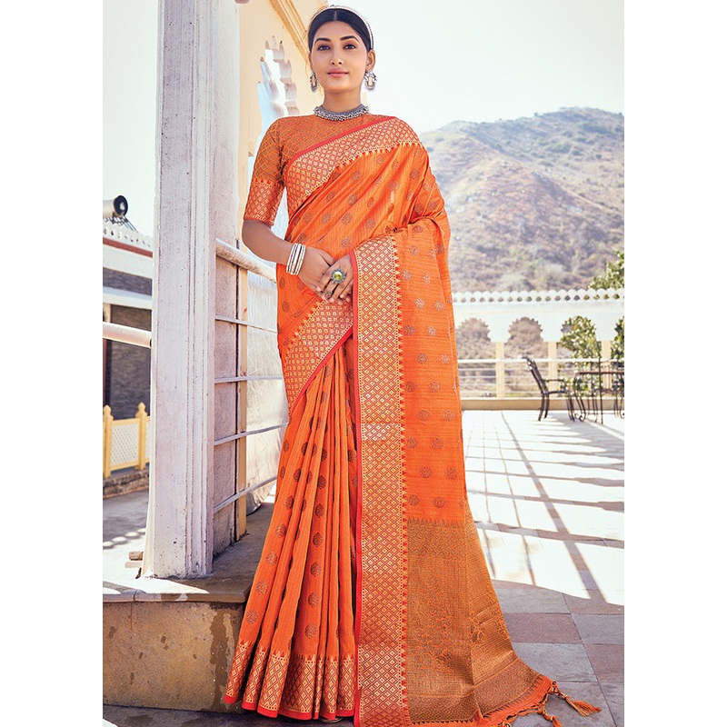 Orange Spun Silk Saree With Blouse Piece - JD986580800