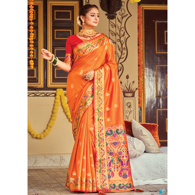 Orange Spun Silk Saree With Blouse Piece - JD986580805
