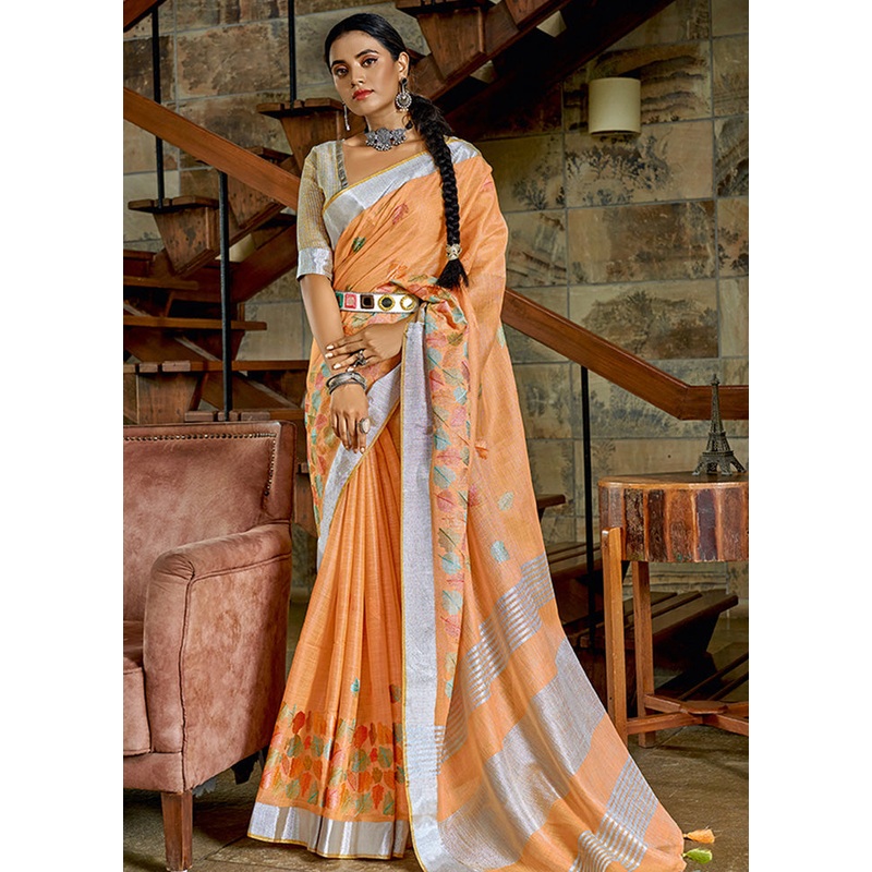 Orange Spun Silk Saree With Blouse Piece - JD986580824