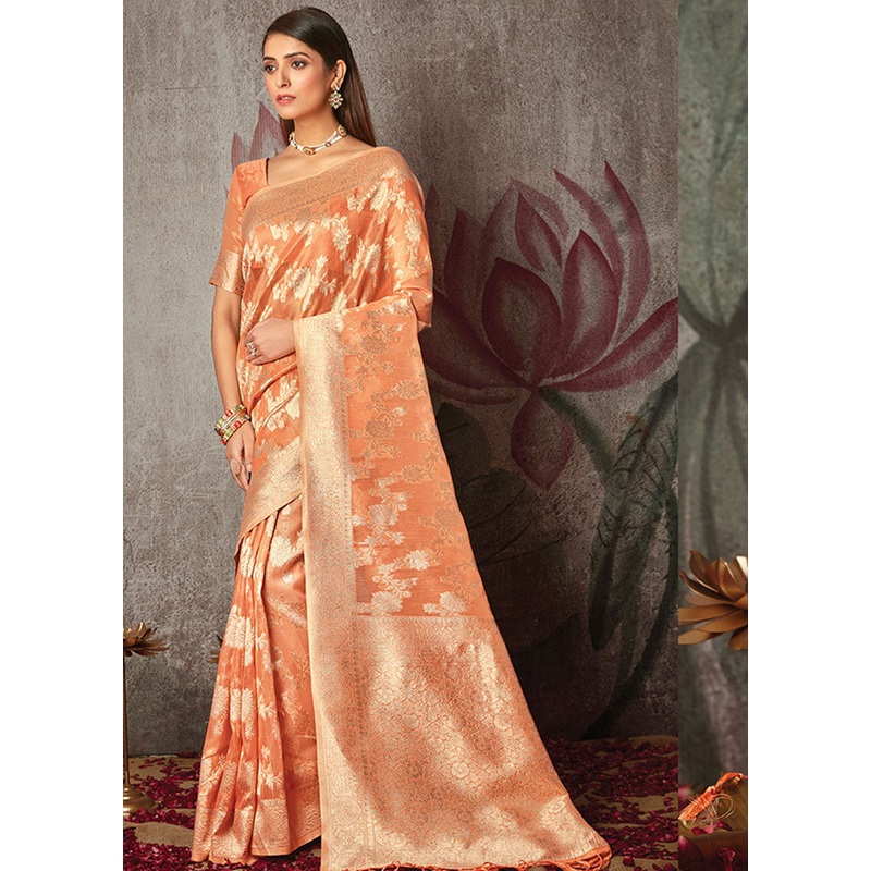 Orange Spun Silk Saree With Blouse Piece - JD986580837