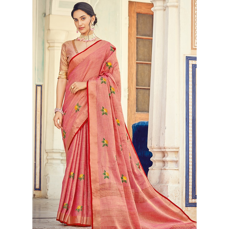 Peach Linen Silk Saree With Blouse Piece - JD986580907