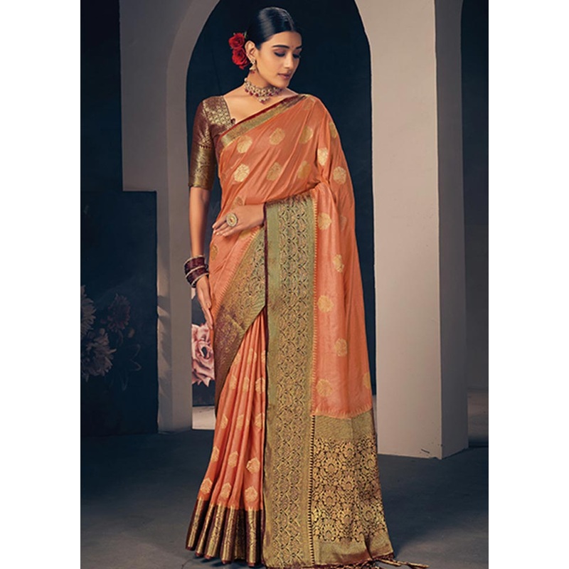 Peach Spun Silk Saree With Blouse Piece - JD986580779