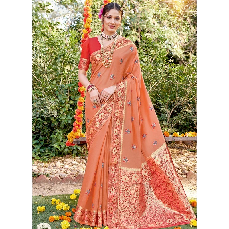 Peach Spun Silk Saree With Blouse Piece - JD986580783