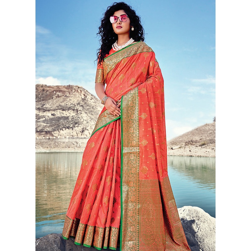 Peach Spun Silk Saree With Blouse Piece - JD986580794
