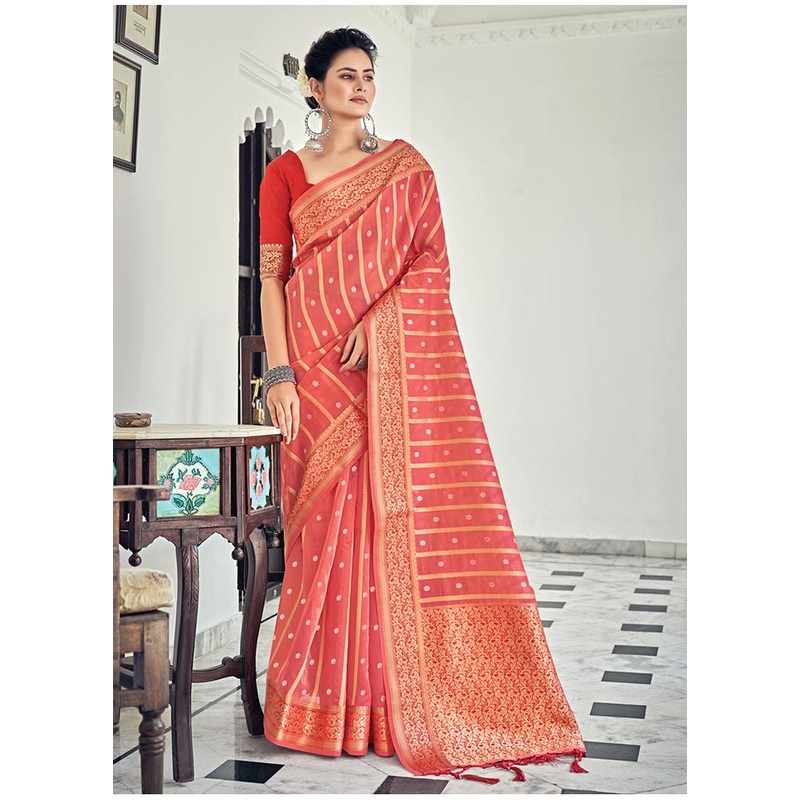 Peach Spun Silk Saree With Blouse Piece - JD986580812