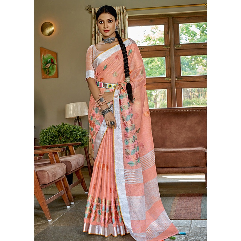 Peach Spun Silk Saree With Blouse Piece - JD986580826