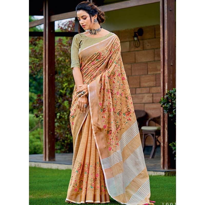 Peach Spun Silk Saree With Blouse Piece - JD986580834