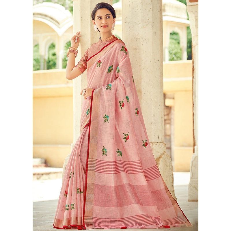 Pink Linen Silk Saree With Blouse Piece - JD986580903