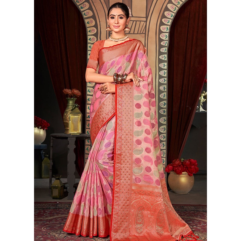 Pink Organza Saree With Blouse Piece - JD986580851