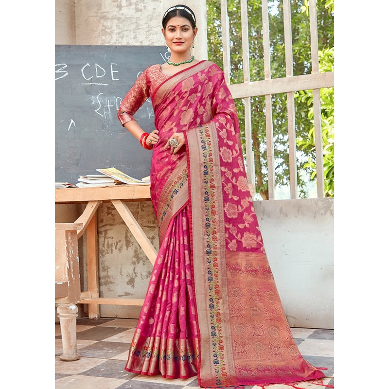Pink Organza Saree With Blouse Piece - JD986580853