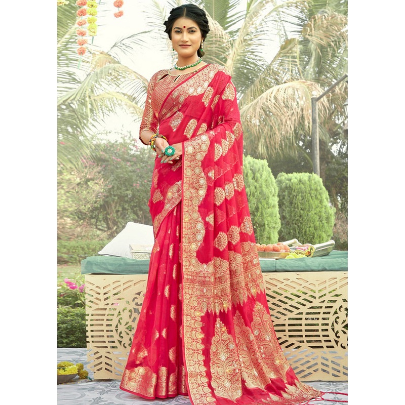 Pink Organza Saree With Blouse Piece - JD986580854