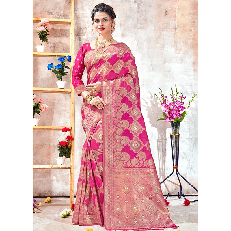 Pink Organza Saree With Blouse Piece - JD986580883
