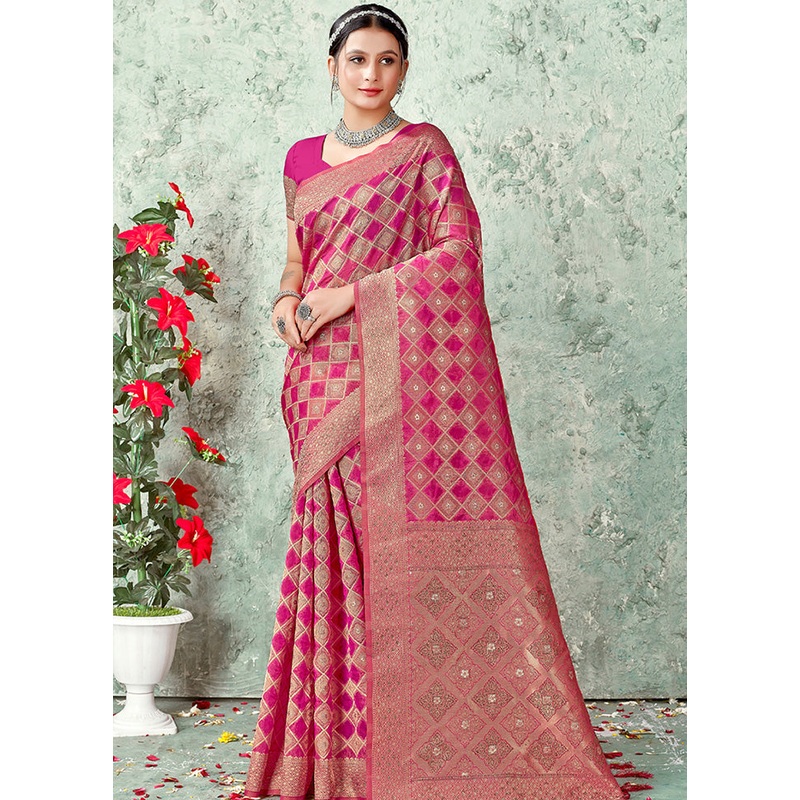 Pink Organza Saree With Blouse Piece - JD986580887
