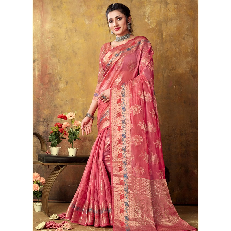 Pink Organza Saree With Blouse Piece - JD986580898