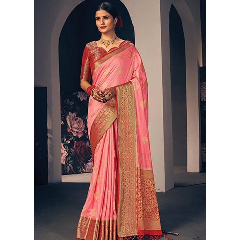 Pink Spun Silk Saree With Blouse Piece - JD986580777