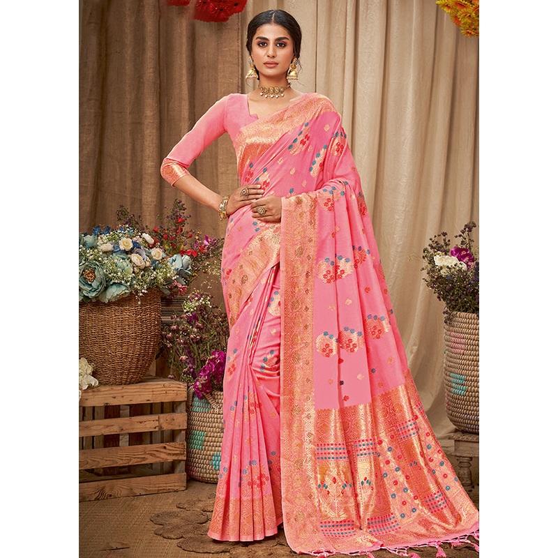 Pink Spun Silk Saree With Blouse Piece - JD986580815