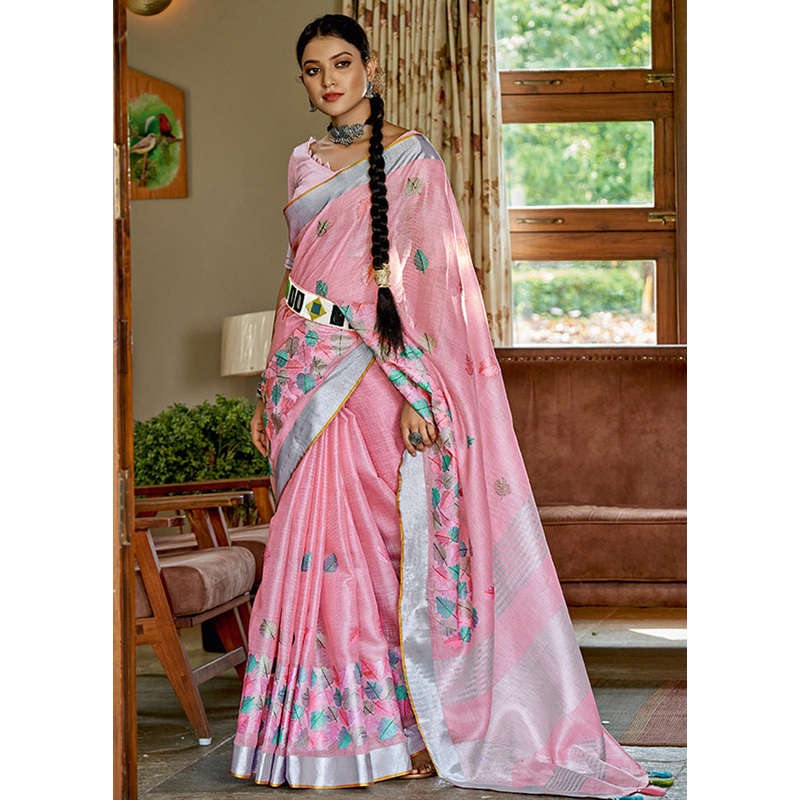 Pink Spun Silk Saree With Blouse Piece - JD986580829