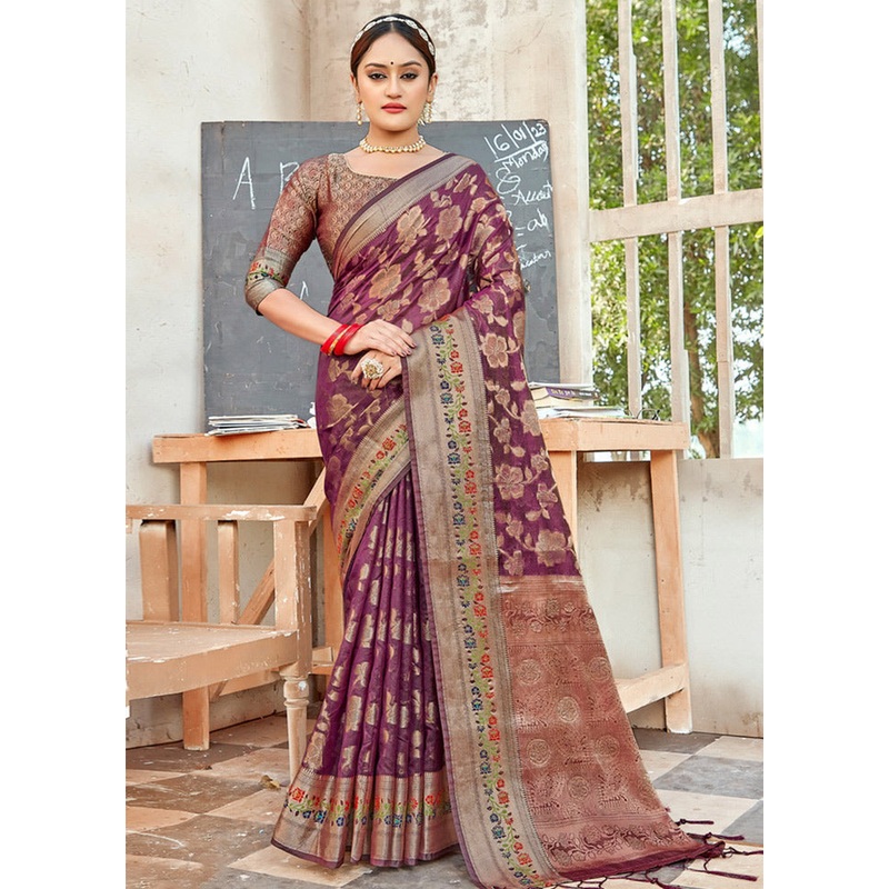 Purple Organza Saree With Blouse Piece - JD986580858